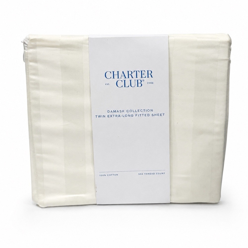 Charter Club Damask Stripe Twin XL Fitted Sheet 550TC Cotton 17in Deep New